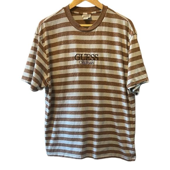 Guess Other - MENS GUESS Tan & Cream Striped Casual Logo Short Sleeve Cotton Tee Shirt L